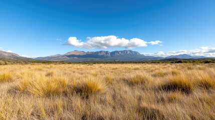 Fototapeta premium Golden grassland under blue sky, mountains background, nature landscape, travel poster