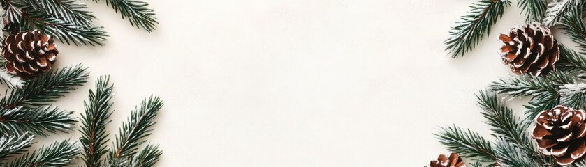 Obraz premium Festive Christmas Pine Cones and Evergreen Branches Border on Light Background for Holiday Designs