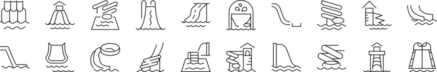 Water Slide Bundle of Thin Icons. Editable Stroke. Perfect for Web Sites, Books, Cards, Apps