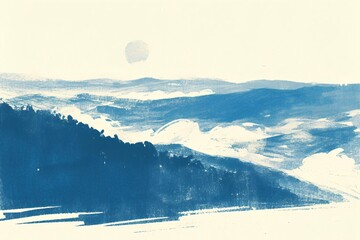Minimalist watercolor mountain landscape in blue and white tones with misty hills and morning sun. Abstract nature painting with foggy valleys and mountain silhouettes at dawn