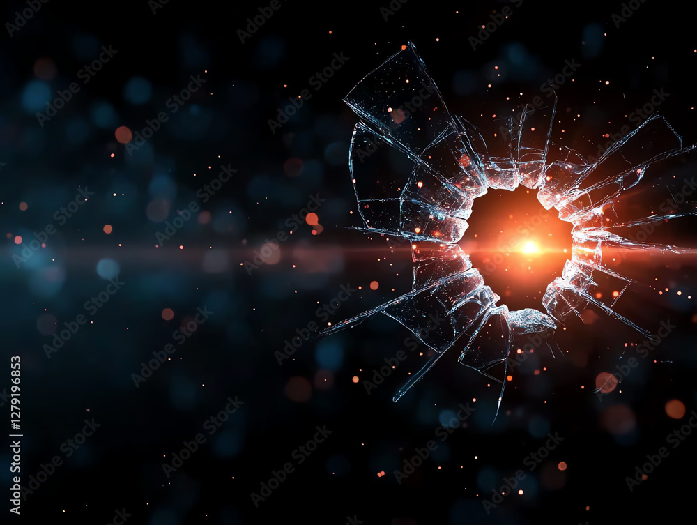Poster shattered glass effect with bright light source in center creates dramatic visual. image conveys sen