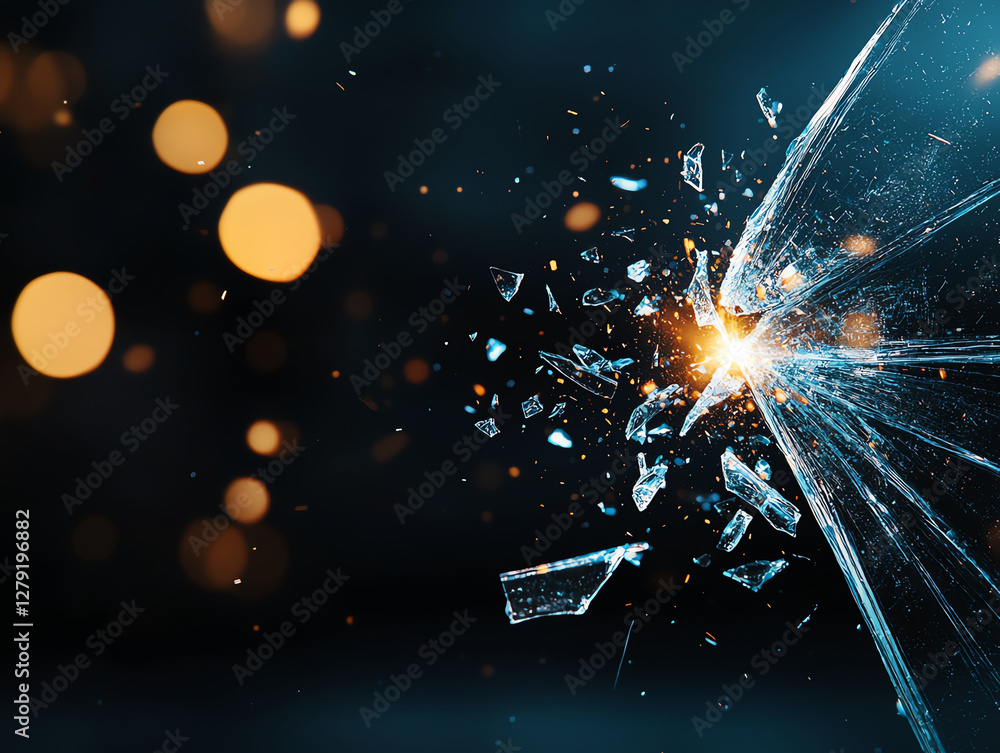 Poster shattered glass fragments explode with bright light, creating dramatic scene filled with sparkling r