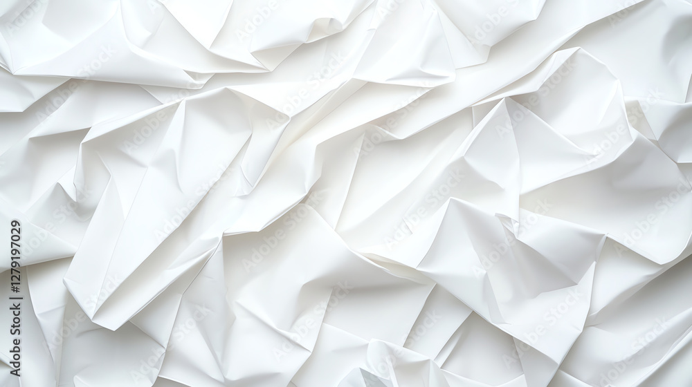 Poster crumpled white paper texture with soft folds and shadows, creating dynamic and abstract background. 
