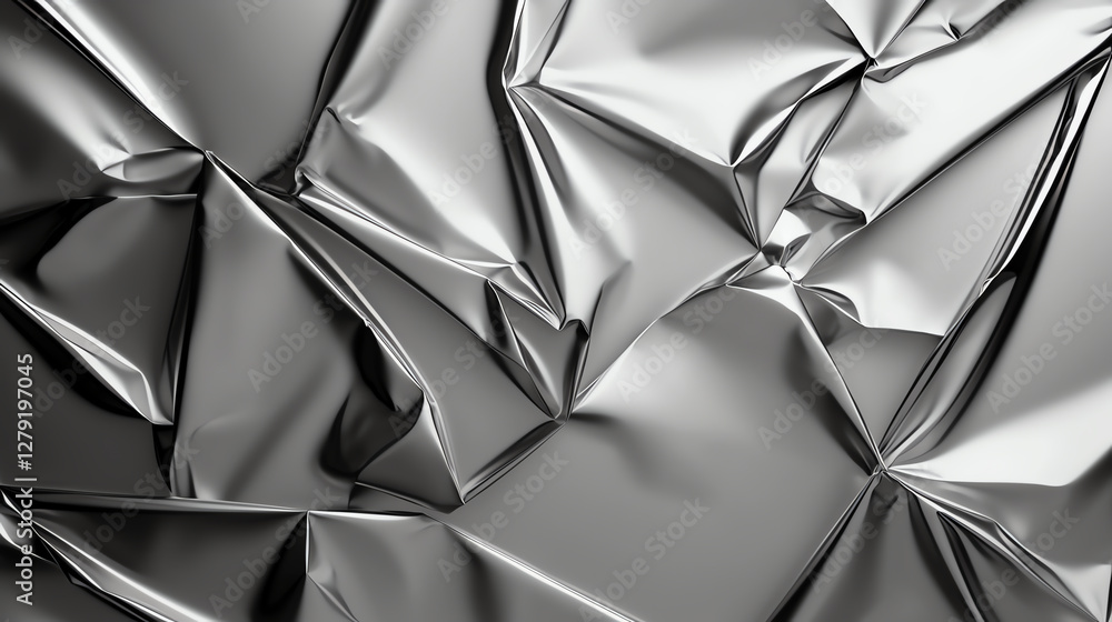 Poster crumpled aluminum foil texture with shiny, reflective surface, creating abstract pattern. interplay 