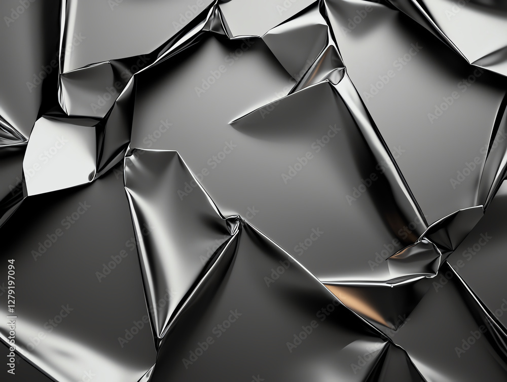 Poster crumpled aluminum foil with shiny, reflective surface creates abstract texture. interplay of light a