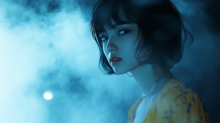 Naklejka premium Mysterious woman with bob haircut in blue fog.