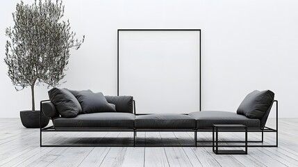 Modern Living Room with Gray Couch Black Frame and Minimalist Decor Near a White Wall