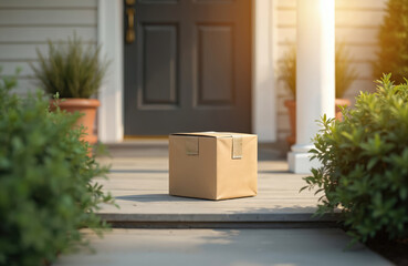 Lone cardboard box sits on doorstep, seamless transition digital carts to tangible goods. Arrival marks culmination journey warehouse. Convenient delivery service, online order shipment to home.