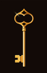 Golden vintage key on black background. Vector illustration