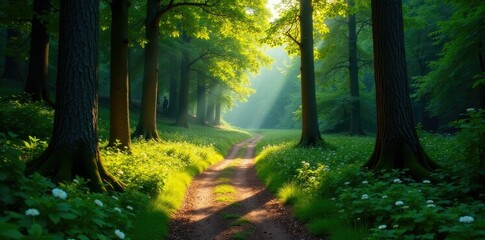 Obraz premium Softly lit forest path winding through the trees, winding, alps