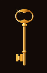 Golden vintage key on black background. Vector illustration