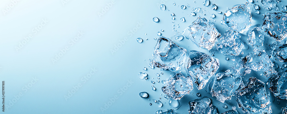 Poster fresh ice cubes with water droplets on blue background create refreshing and cool atmosphere. perfec