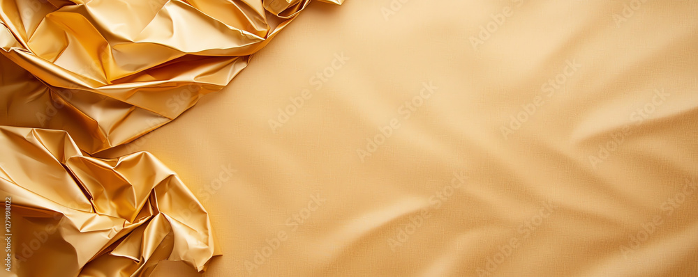 Poster crumpled golden fabric with smooth texture and soft sheen, creating warm and inviting atmosphere. id