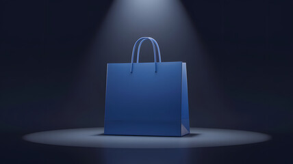 Product Showcase: A singular, elegant blue shopping bag is illuminated by a focused spotlight against a backdrop, creating a minimalist scene of modern commerce and retail. 