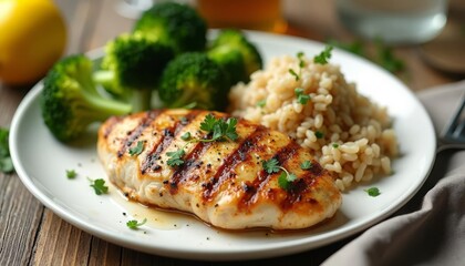 Grilled chicken with steamed broccoli and  rice