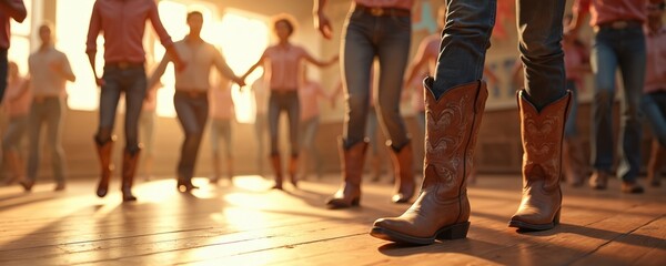 Group line dancing in cowboy boots on wood floor hall. Warm nostalgic sunlight illuminates fun energetic gathering with camaraderie. Choreography highlights dance movements during social event.