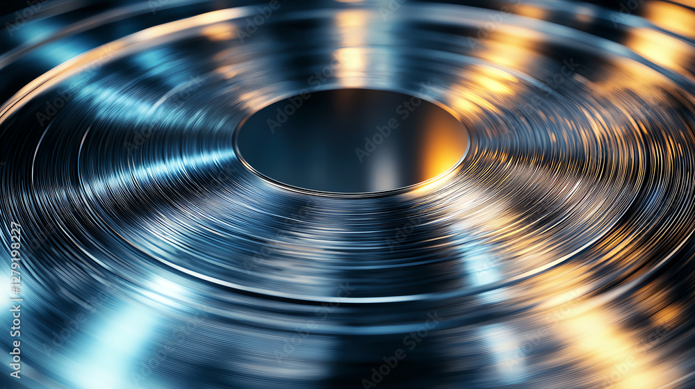 Poster shiny metallic vinyl record with radial grooves reflecting light, creating dynamic visual effect. ci