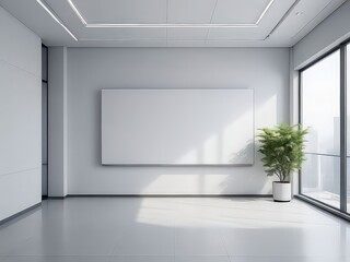 Modern Minimalist Office Space with Large White Wall and Indoor Plant in Sunlit Room