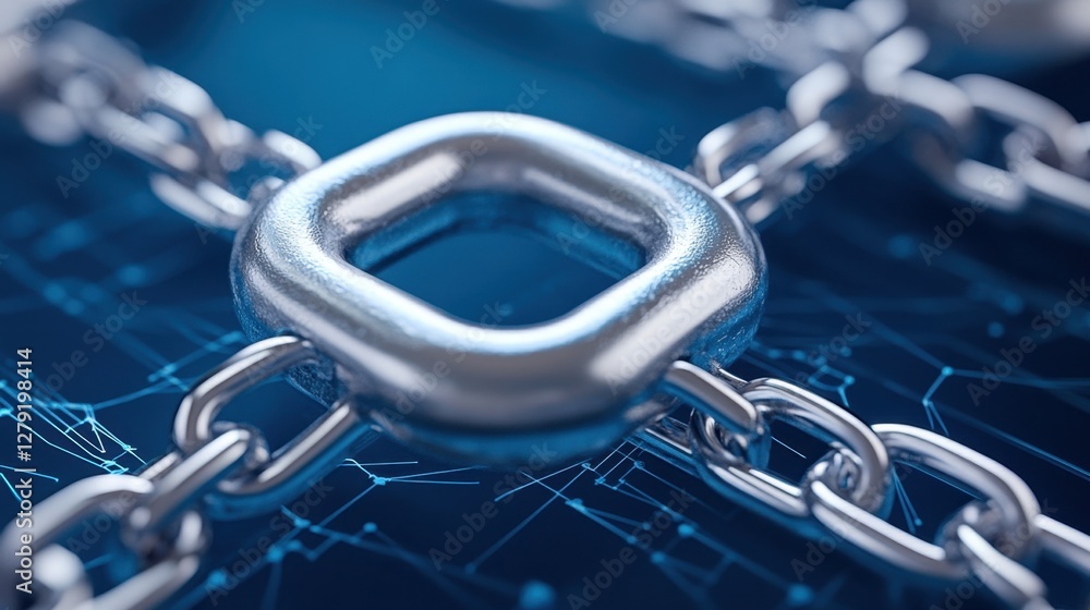 Poster close up view of metallic square link connecting multiple chains, set against a dark blue circuit bo
