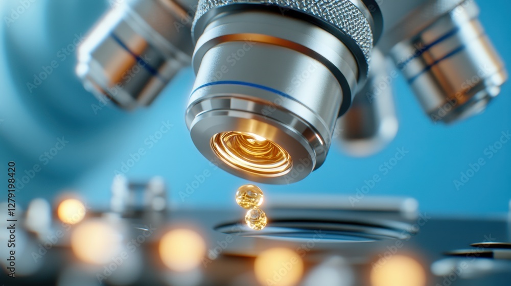 Poster close up view of a microscope objective lens with a droplet of liquid falling onto a specimen slide.
