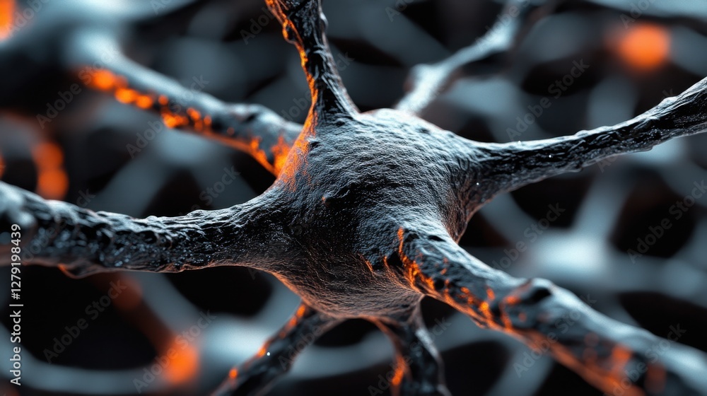 Poster microscopic view of a cell with textured surface and orange glowing nodes, set against a blurred gra