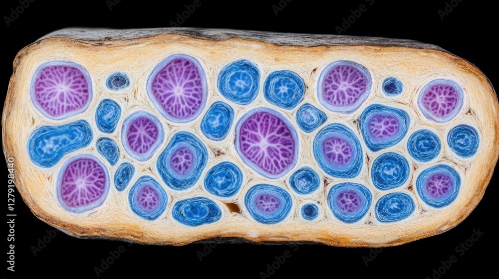 Poster microscopic view of a cross section of bread revealing vibrant purple and blue circular structures w
