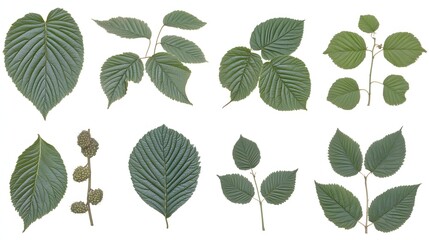 Fototapeta premium Assorted Green Viburnum Leaves in Varying Arrangement on White Background Displaying Natural Textures
