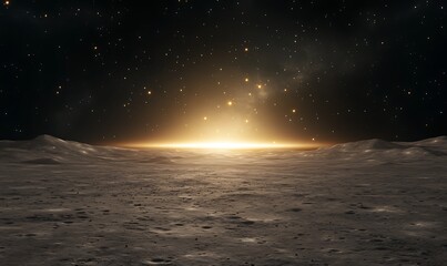 A serene landscape of a barren moon with a glowing cosmic horizon, perfect for space-themed visuals.