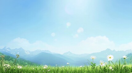 Idyllic mountain landscape with flowering meadow and vibrant blue sky