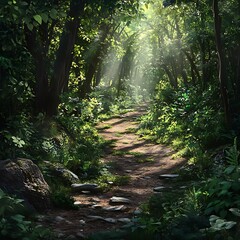 Obraz premium Forest Pathway Lush Greenery Dappled Sunlight Vibrant Foliage Scene