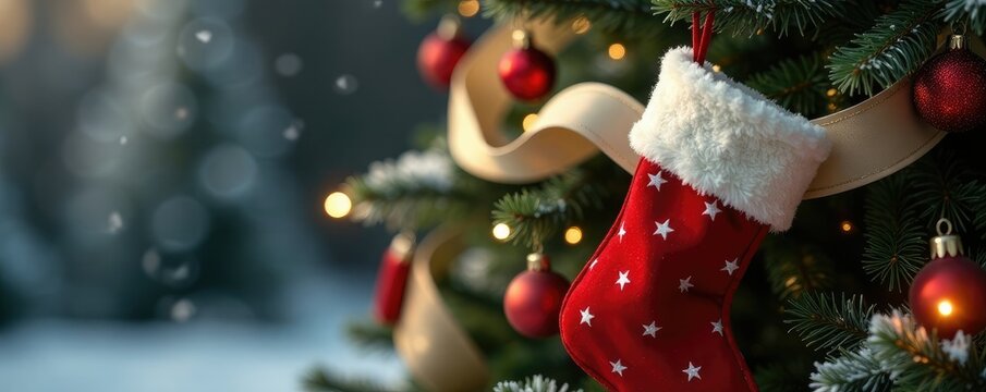 White star-patterned ribbons wrapped around the branches of a fir tree featuring hungred red Christmas stockings, winter, ornaments