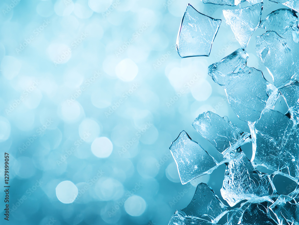 Poster crisp ice shards against soft blue background create serene and refreshing atmosphere. frosted glass
