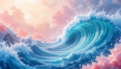 Exquisite Ocean Wave with Turquoise Color and Soft Pink Clouds at Sunrise in a Dreamy Artistic Style