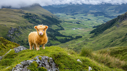 Naklejka premium Highland calf, mountain valley vista, rural landscape, postcard