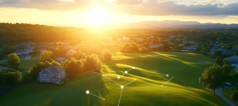Aerial view of suburban houses on a golf course at sunset, showcasing connected homes and smart technology; ideal for real estate, technology, or community marketing