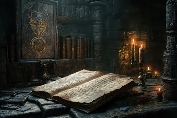 A forbidden manuscript sealed with wax and ancient runes, hidden deep within a mysterious underground library, evoking a sense of secrecy and ancient knowledge.