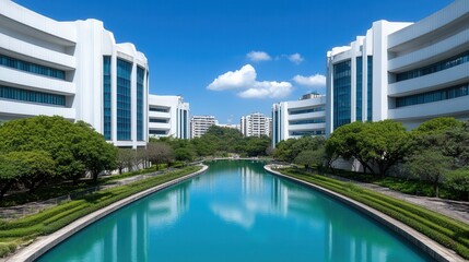 Naklejka premium Modern architectural complex with a tranquil waterway reflecting the buildings and sky. Lush greenery lines the canal, enhancing the serene
