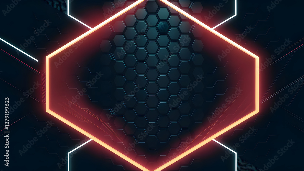 Poster geometric tech frame: a captivating digital design features a neon-orange hexagon frame set against 
