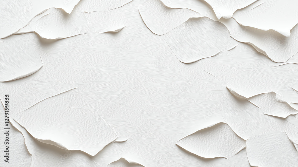 Poster textured white paper with torn edges creates layered effect, adding depth and interest to compositio