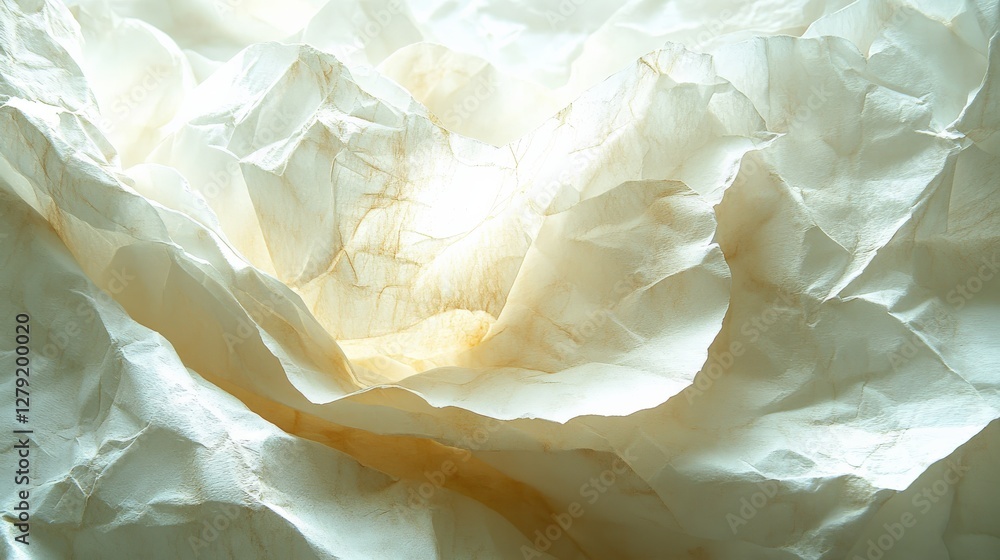 Poster close-up of crumpled white paper creating an abstract texture with soft lighting