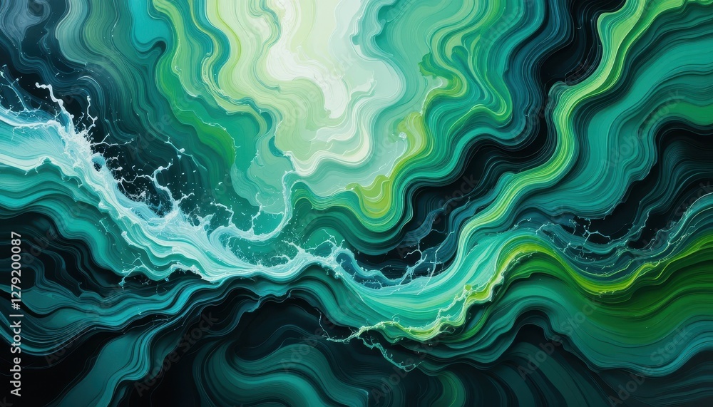 Poster abstract waves of green and blue fluid art with dynamic flowing patterns