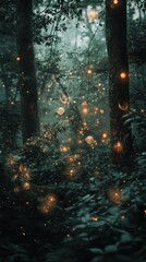 Enchanted Forest Glade Illuminated by Fairy Lights at Twilight