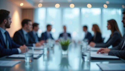Blurred image of business people in round table discussions, meetings at conventions, presentations in conference room. Business partners gather, negotiate, plan project strategy. Corporate