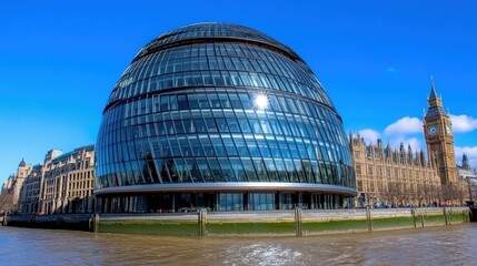 Naklejka premium Modern glass dome building near a river, clear sky, famous landmark in background. Bright sunlight reflecting on glass. Cityscape architecture