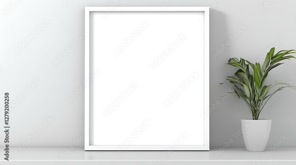 Poster Blank white frame on minimalist shelf in an empty space, ideal for showcasing art or decorative elements.