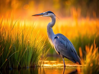 Heron on Grass - Low Light Photography - AI Art - Nature Scene