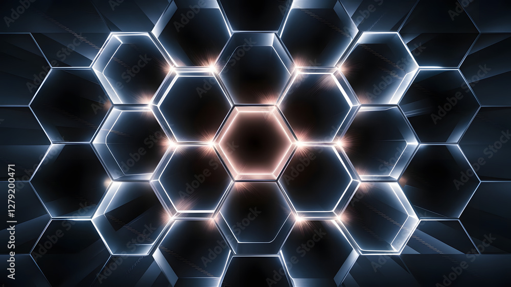 Poster hexagonal abstraction: a captivating abstract design composed of interconnected hexagons, bathed in 