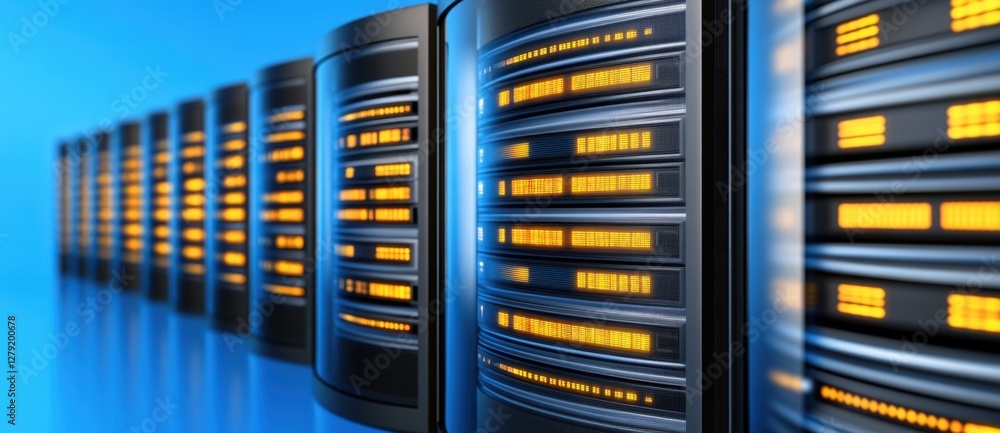 Poster modern server rack units in a row, showcasing numerous illuminated data panels, suggesting a large d