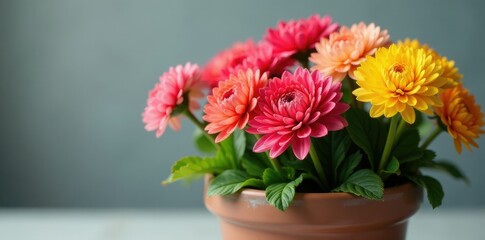 colorful bunches of chrysanthemums in a ceramic pot, floral, spring flowers, flowers in planters