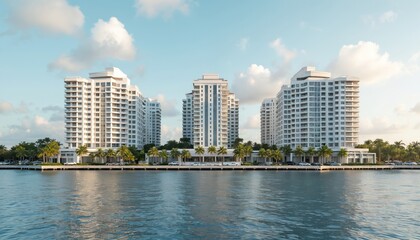 Modern high-rise apartment buildings on waterfront with clear sky. Residential coastal architecture with reflections on tranquil water, calm blue bay for real estate or travel themes.